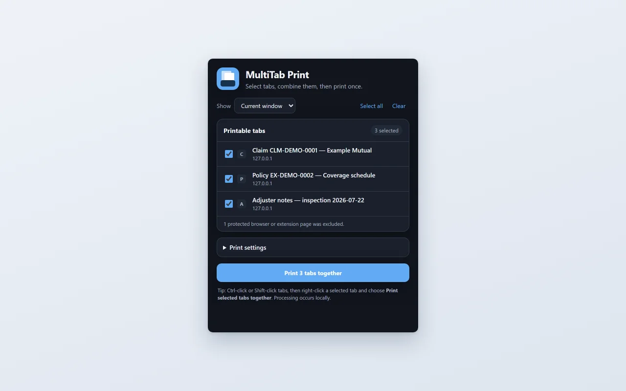 MultiTab Print popup with three tabs ticked and a button to print them together