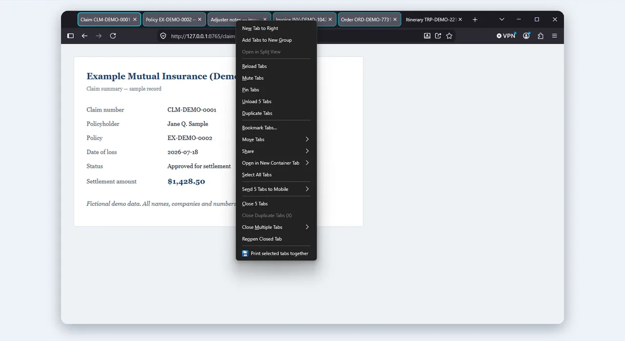 Tab right-click menu with five tabs selected and the MultiTab Print command at the bottom