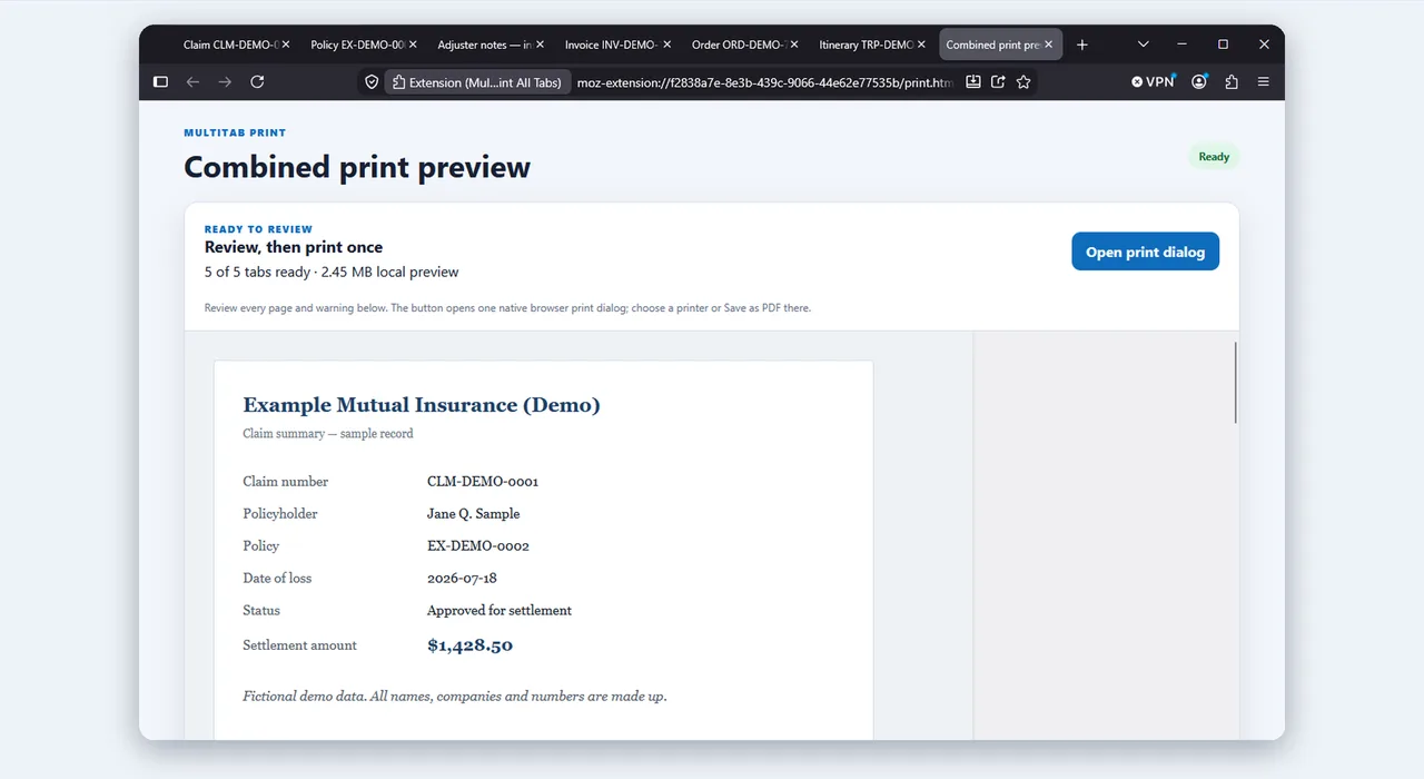 MultiTab Print combined print preview with five tabs ready to review