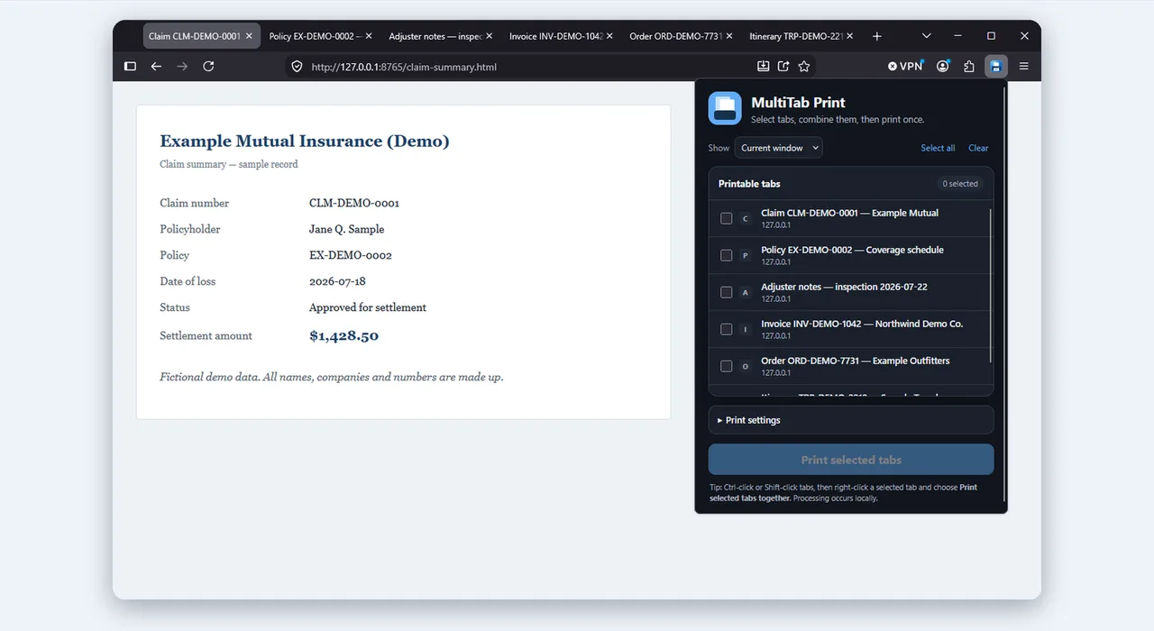 Firefox toolbar with the MultiTab Print icon clicked, showing a popup that lists open tabs with checkboxes