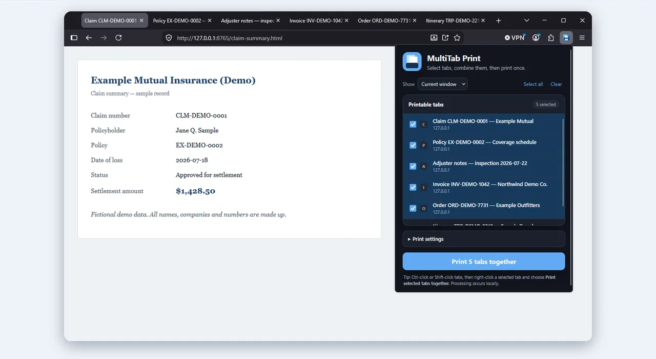 MultiTab Print popup with five tabs checked and a button reading Print 5 tabs together